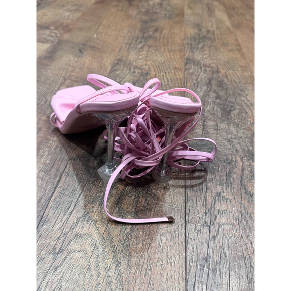Fashion Nova Keisha Pink Lace Up Bow Sandals Clear Stiletto Heel Square Toe 11 - Picture 5 of 7